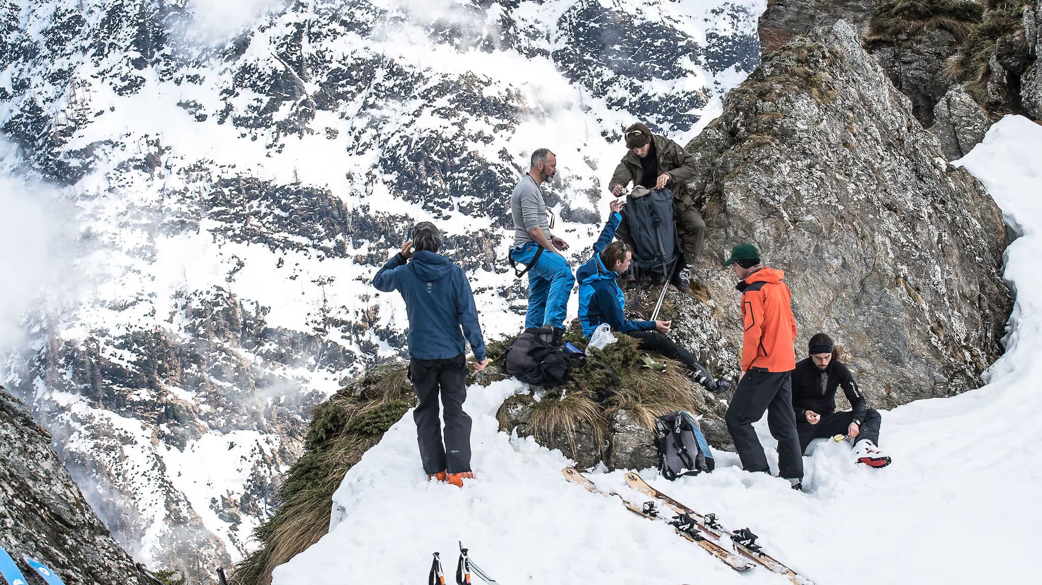 The group crossing a snow-covered ridge